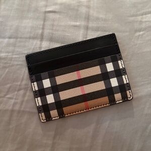 Burberry Sandon Tan Canvas Check Printed Leather Slim Card Case Wallet